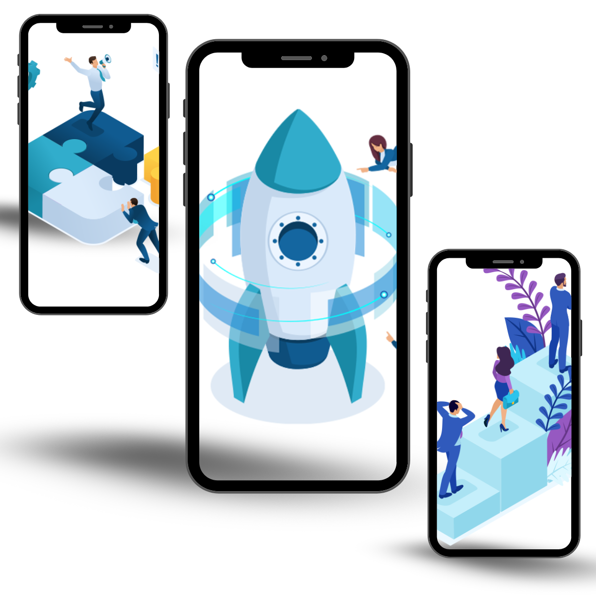 Comic Bild mit Business Menschen die um eine Rakete schweben