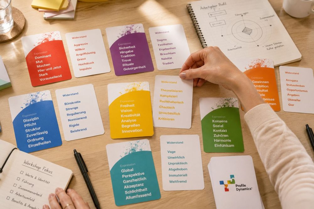 Wertekarten des Modells auf dem Workshop-Tisch